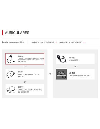 ICOM HS-94 Auricular tipo gancho de oreja de 2.5 mm