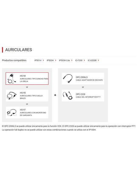 ICOM HS-94 Auricular tipo gancho de oreja de 2.5 mm