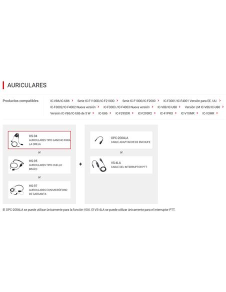 ICOM HS-94 Auricular tipo gancho de oreja de 2.5 mm