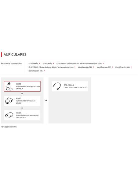 ICOM HS-94 Auricular tipo gancho de oreja de 2.5 mm